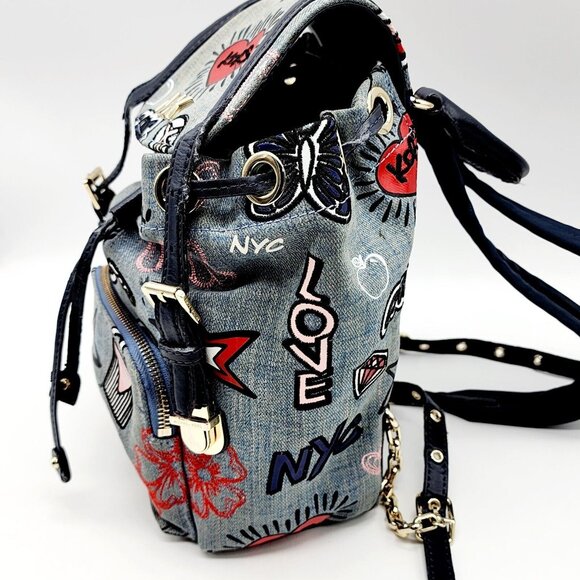 Michael Kors Beacon Backpack Bag Blue Denim Embellished Drawstring Hippie Love - Picture 8 of 16